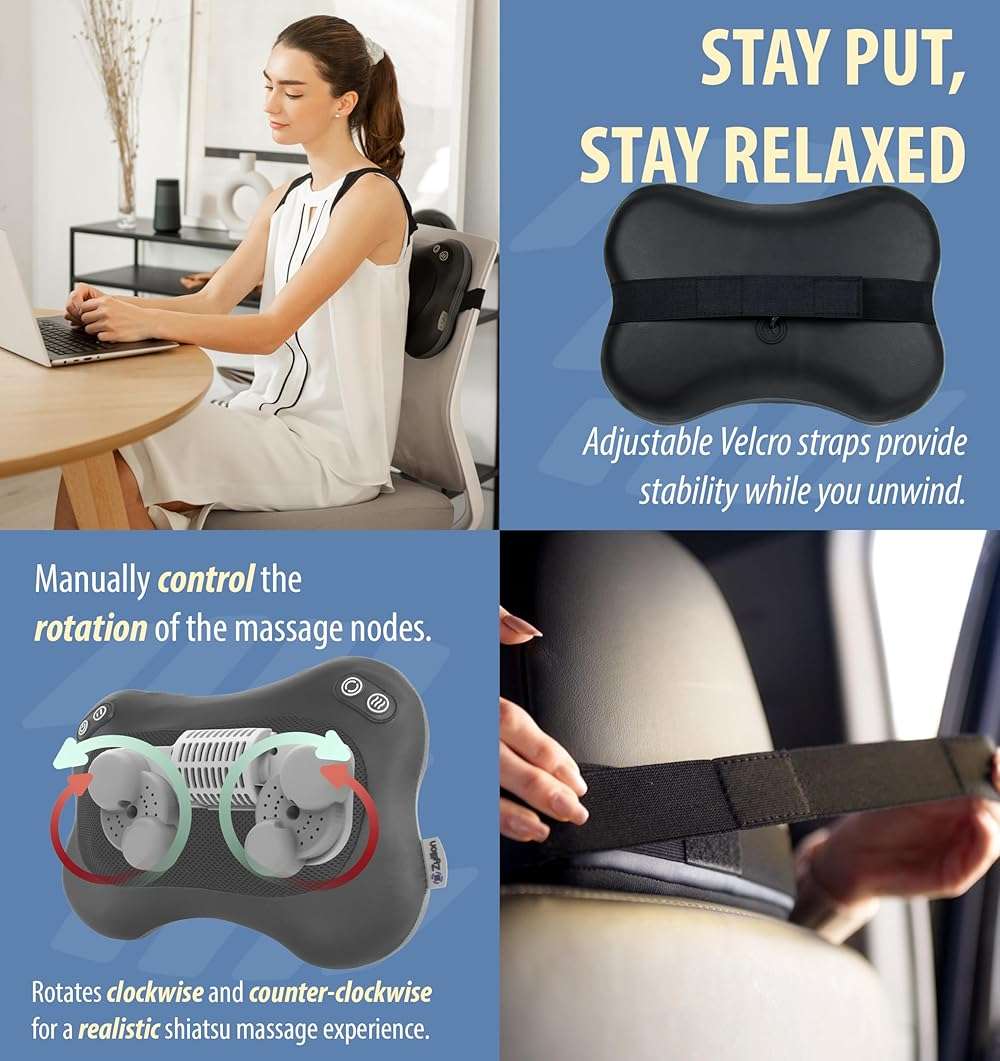 Zyllion Shiatsu Back and Neck Massager with Heat - 3D Electric Kneading Deep Tissue Massage Pillow with 2 Speeds for Muscle Pain Relief, Black, ZMA-34 - Image 3
