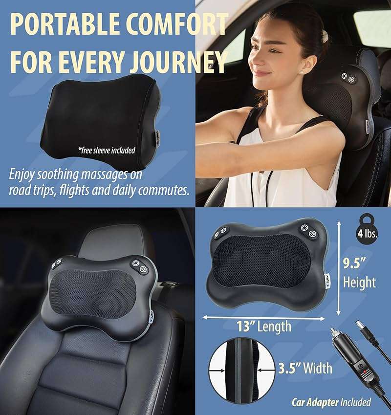 Zyllion Shiatsu Back and Neck Massager with Heat - 3D Electric Kneading Deep Tissue Massage Pillow with 2 Speeds for Muscle Pain Relief, Black, ZMA-34 - Image 4