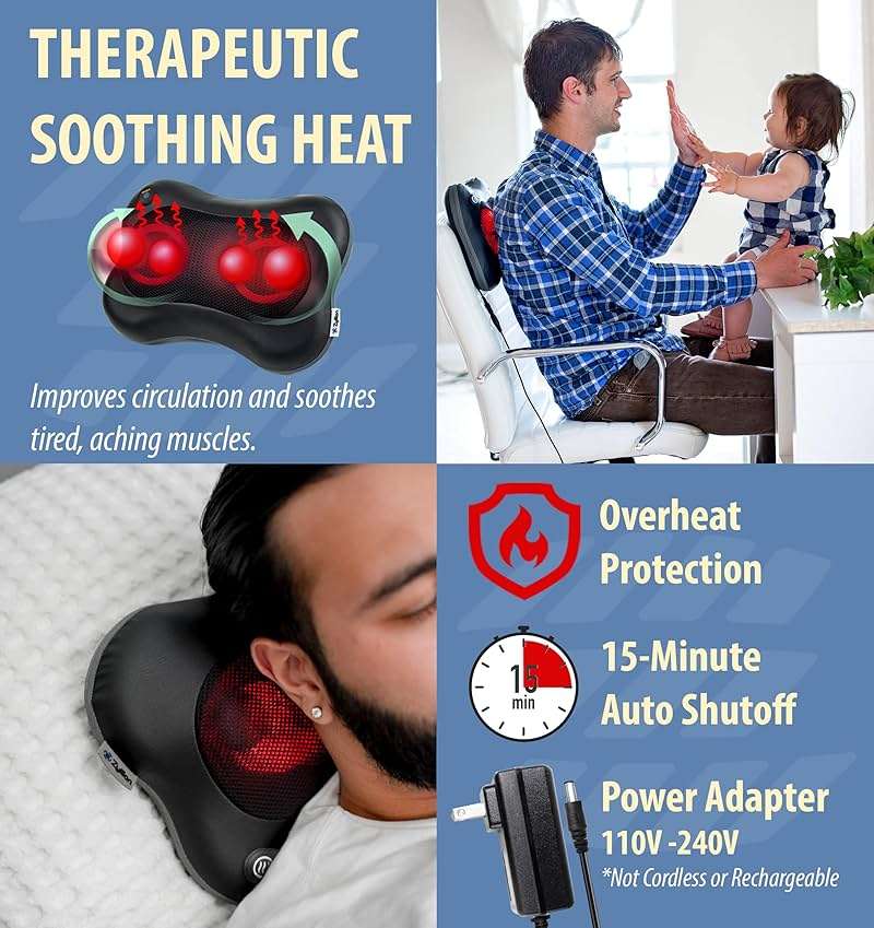 Zyllion Shiatsu Back and Neck Massager with Heat - 3D Electric Kneading Deep Tissue Massage Pillow with 2 Speeds for Muscle Pain Relief, Black, ZMA-34 - Image 6