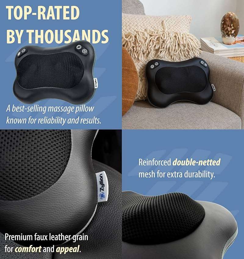 Zyllion Shiatsu Back and Neck Massager with Heat - 3D Electric Kneading Deep Tissue Massage Pillow with 2 Speeds for Muscle Pain Relief, Black, ZMA-34 - Image 8