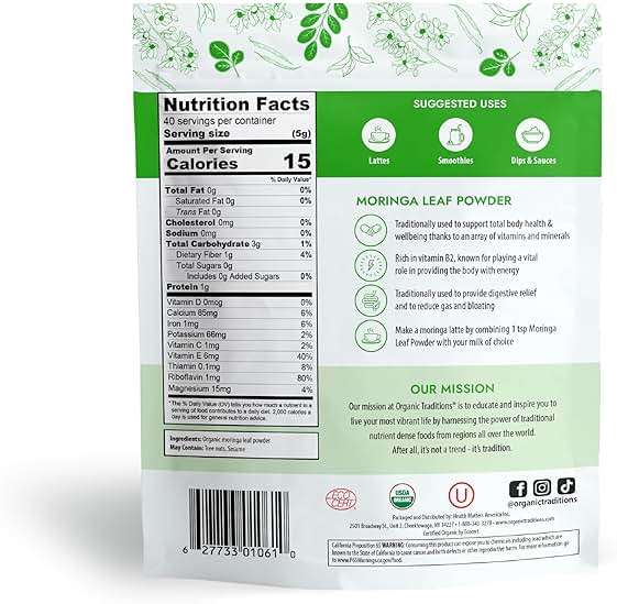 Organic Traditions Moringa Powder Organic, Green Superfood for Smoothies with Moringa Leaves, Rich in Natural Vitamins and Minerals, Traditionally Used for Daily Well Being, Vegan Non-GMO, 200g / 7oz - Image 2