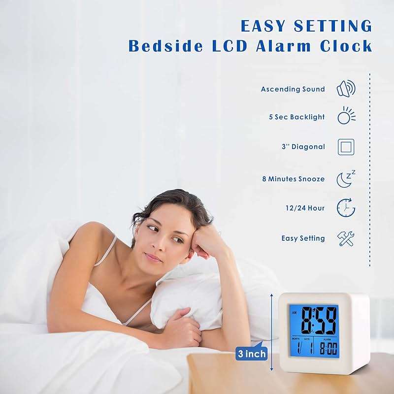 Plumeet Easy to Set Digital Travel Alarm Clock, Snooze Function, Soft Night Light, Large Screen time and Month and Date Display and Alarm, Progressive Sound Alarm and Handy Size (White) - Image 2
