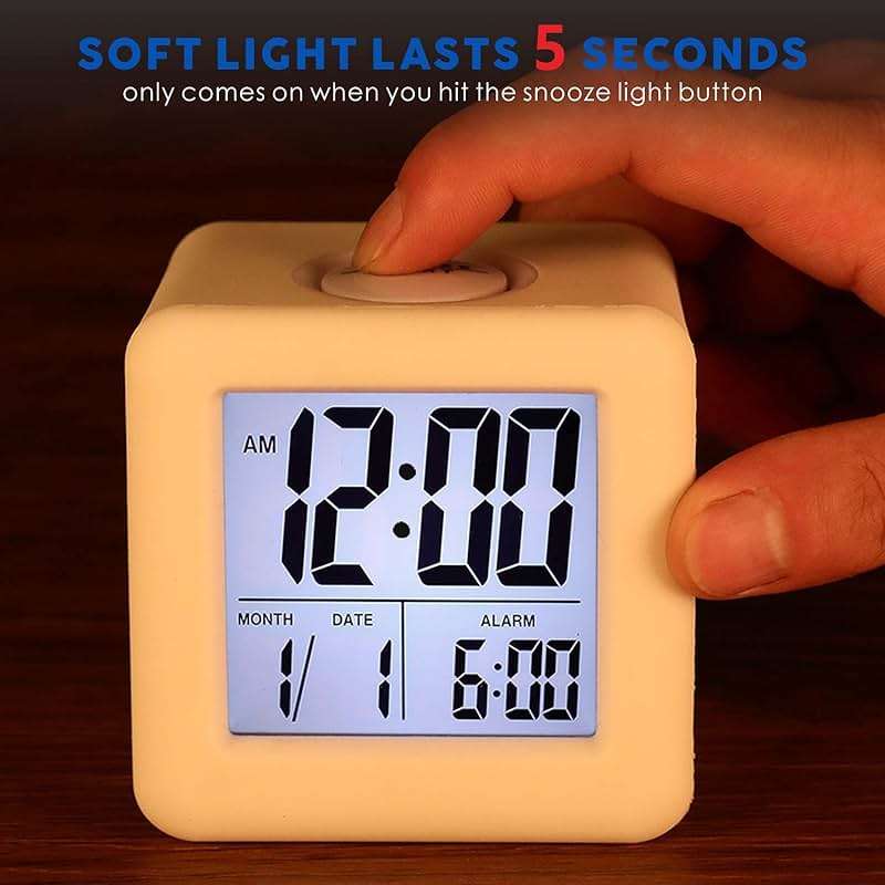 Plumeet Easy to Set Digital Travel Alarm Clock, Snooze Function, Soft Night Light, Large Screen time and Month and Date Display and Alarm, Progressive Sound Alarm and Handy Size (White) - Image 3