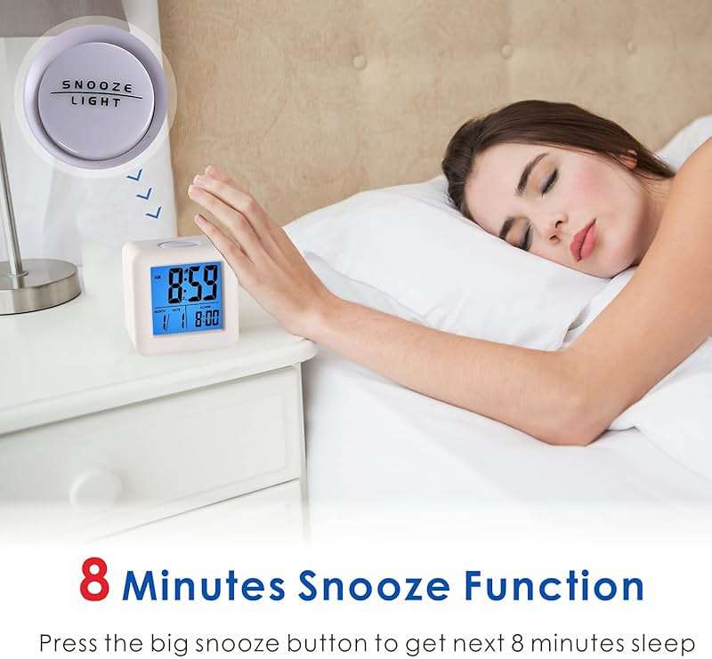Plumeet Easy to Set Digital Travel Alarm Clock, Snooze Function, Soft Night Light, Large Screen time and Month and Date Display and Alarm, Progressive Sound Alarm and Handy Size (White) - Image 4