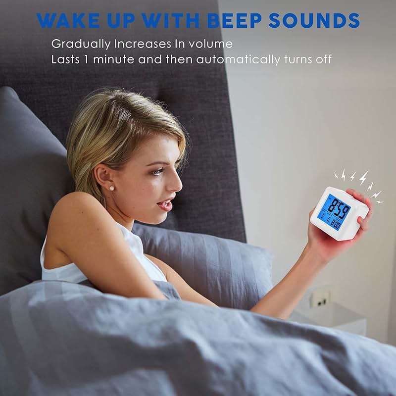 Plumeet Easy to Set Digital Travel Alarm Clock, Snooze Function, Soft Night Light, Large Screen time and Month and Date Display and Alarm, Progressive Sound Alarm and Handy Size (White) - Image 5