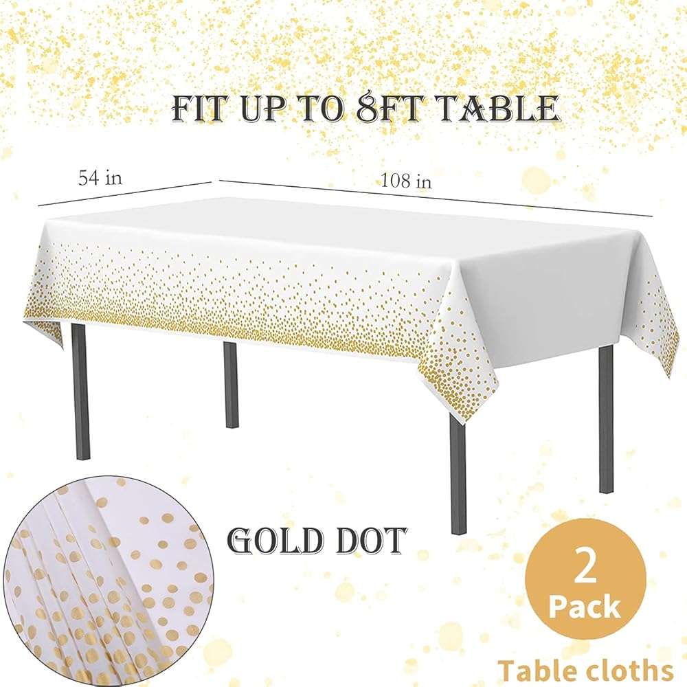 2 Pack White and Gold Tablecloth Disposable Gold Tables Tablecloths for Rectangle 54" x 108" Plastic Tablecloth Party Table Covers for Birthday Thanksgiving Christmas Wedding Outdoor BBQ (White) - Image 3