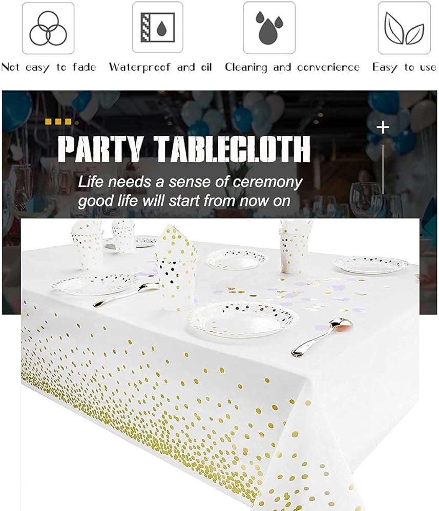 2 Pack White and Gold Tablecloth Disposable Gold Tables Tablecloths for Rectangle 54" x 108" Plastic Tablecloth Party Table Covers for Birthday Thanksgiving Christmas Wedding Outdoor BBQ (White) - Image 5