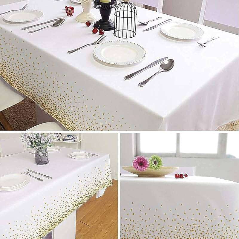 2 Pack White and Gold Tablecloth Disposable Gold Tables Tablecloths for Rectangle 54" x 108" Plastic Tablecloth Party Table Covers for Birthday Thanksgiving Christmas Wedding Outdoor BBQ (White) - Image 7
