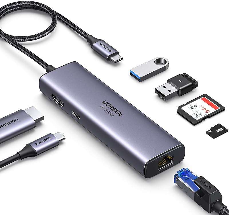 UGREEN Revodok 7 in 1 USB C Hub Gigabit Ethernet Adapter 4K@60Hz HDMI, 100W PD Charging, USB A Data Ports, SD/TF Card Reader Compatible with MacBook Neo/Pro/Air, iPad, Steam Deck - Image 1