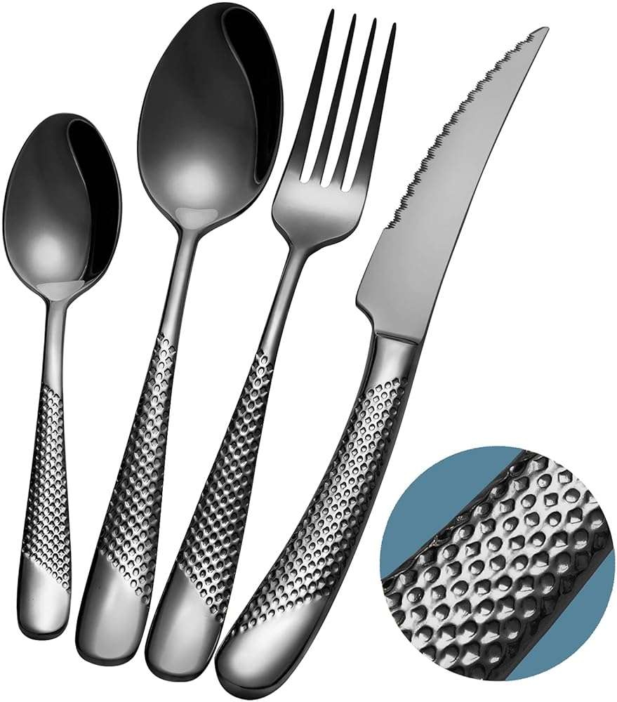 Xideman 16-Piece ​Modern Black Hammered Silverware Set with Ultra Sharp 2-IN-1 Serrated Knives, 18/10 Stainless Steel Flatware Set, Titanium ​Plated Cutlery Set Service for 4, Dishwasher Safe - Image 1