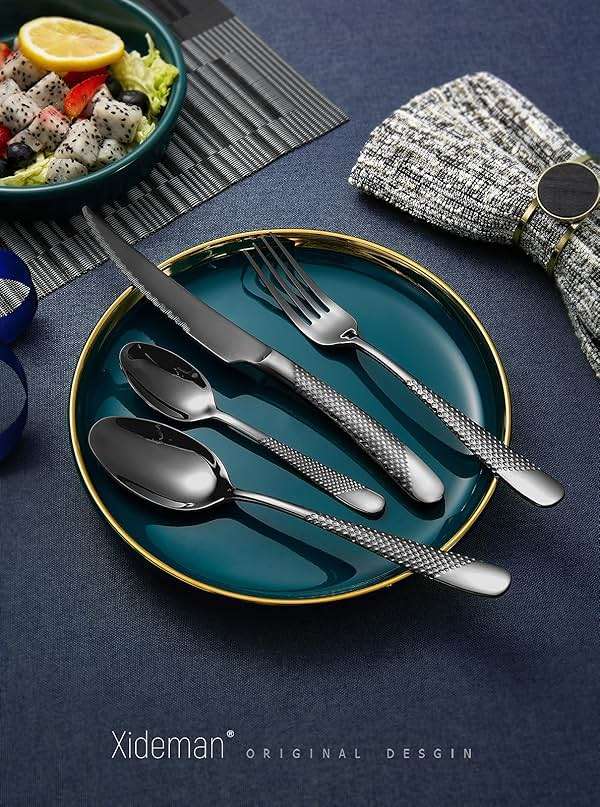 Xideman 16-Piece ​Modern Black Hammered Silverware Set with Ultra Sharp 2-IN-1 Serrated Knives, 18/10 Stainless Steel Flatware Set, Titanium ​Plated Cutlery Set Service for 4, Dishwasher Safe - Image 2