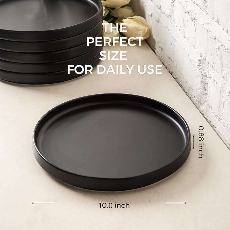AmorArc Ceramic Dinner Plates Set of 6, 10.0 Inch Matte Stoneware Plates for Kitchen,Modern Flat Dinnerware Dishes Set,Microwave& Dishwasher Safe, Scratch Resistant, Matte Black - Image 3