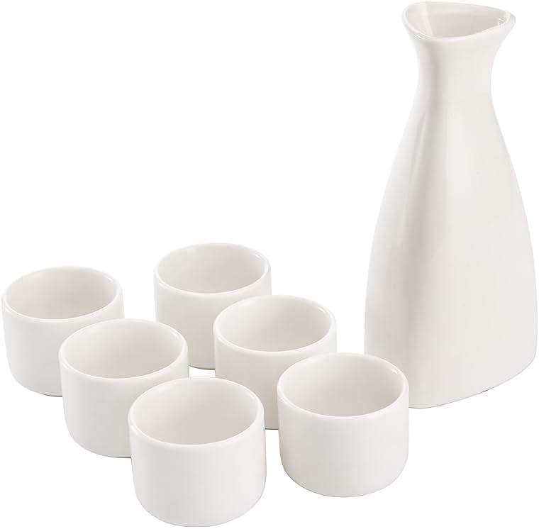 Tosnail 7 Pieces Ceramic Japanese Sake Set, 1 Serving Carafe and 6 Cups - White - Image 1