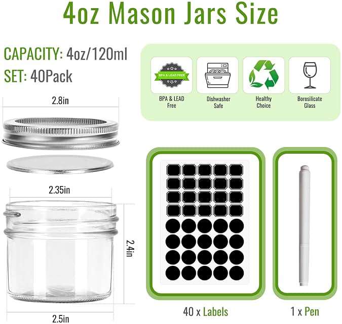 Homerove 4 oz Mason Jars with Lids and Bands, 40 Pack 120 ml Regular Mouth Glass Canning Jars for Jam, Honey, Wedding Favors, Shower Favors, Spice(Silver) - Image 3