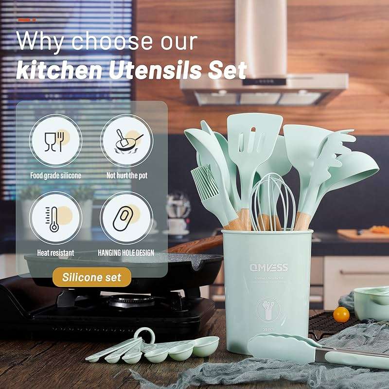 QMVESS Silicone Kitchen Utensils Set, 35 Pcs Non-Stick Cooking Utensils Set, Sturdy Insulation Wooden Handle Kitchen Accessories for Cooking with Spatula Set and Spoons Set Gadgets (Light Green) - Image 3