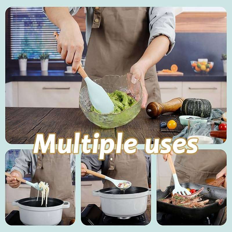 QMVESS Silicone Kitchen Utensils Set, 35 Pcs Non-Stick Cooking Utensils Set, Sturdy Insulation Wooden Handle Kitchen Accessories for Cooking with Spatula Set and Spoons Set Gadgets (Light Green) - Image 6