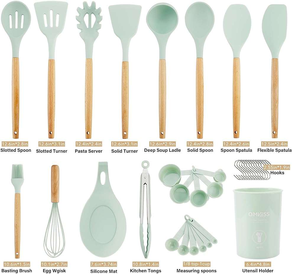 QMVESS Silicone Kitchen Utensils Set, 35 Pcs Non-Stick Cooking Utensils Set, Sturdy Insulation Wooden Handle Kitchen Accessories for Cooking with Spatula Set and Spoons Set Gadgets (Light Green) - Image 7
