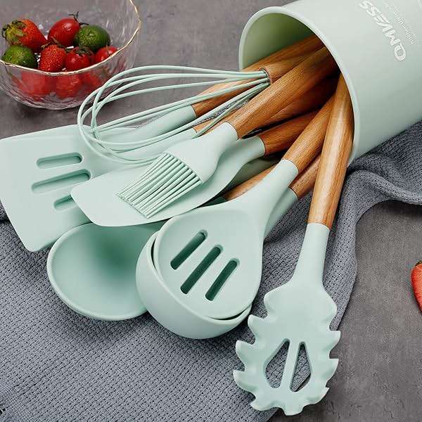 QMVESS Silicone Kitchen Utensils Set, 35 Pcs Non-Stick Cooking Utensils Set, Sturdy Insulation Wooden Handle Kitchen Accessories for Cooking with Spatula Set and Spoons Set Gadgets (Light Green) - Image 8
