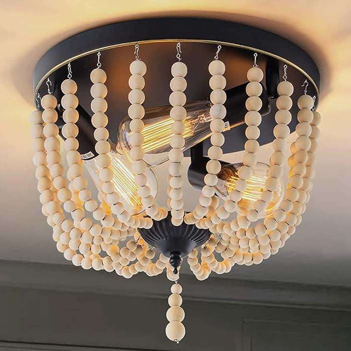 Neechicx Farmhouse Wood Beaded Flush Mount Ceiling Light,3-Light Boho Wooden Bead Chandelier Vintage Lighting Fixtures for Entryway, Hallway, Foyer, Bedroom, Black Finish with Golden Edge Painting - Image 1