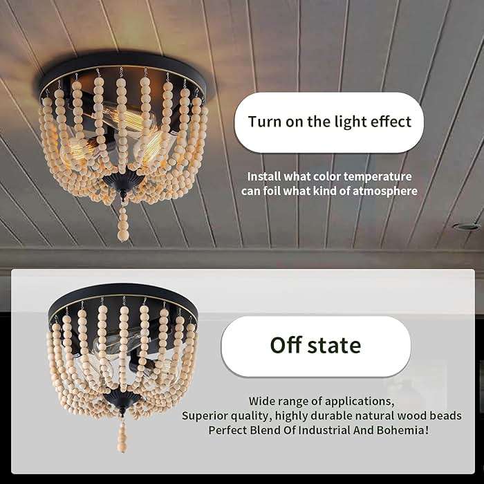 Neechicx Farmhouse Wood Beaded Flush Mount Ceiling Light,3-Light Boho Wooden Bead Chandelier Vintage Lighting Fixtures for Entryway, Hallway, Foyer, Bedroom, Black Finish with Golden Edge Painting - Image 2