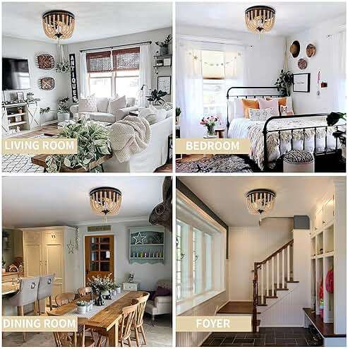 Neechicx Farmhouse Wood Beaded Flush Mount Ceiling Light,3-Light Boho Wooden Bead Chandelier Vintage Lighting Fixtures for Entryway, Hallway, Foyer, Bedroom, Black Finish with Golden Edge Painting - Image 3