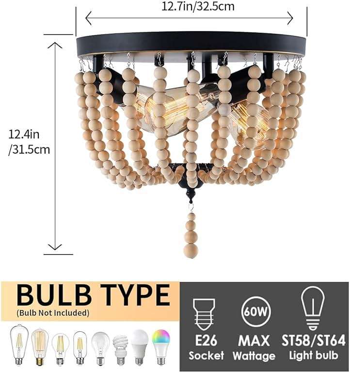 Neechicx Farmhouse Wood Beaded Flush Mount Ceiling Light,3-Light Boho Wooden Bead Chandelier Vintage Lighting Fixtures for Entryway, Hallway, Foyer, Bedroom, Black Finish with Golden Edge Painting - Image 5