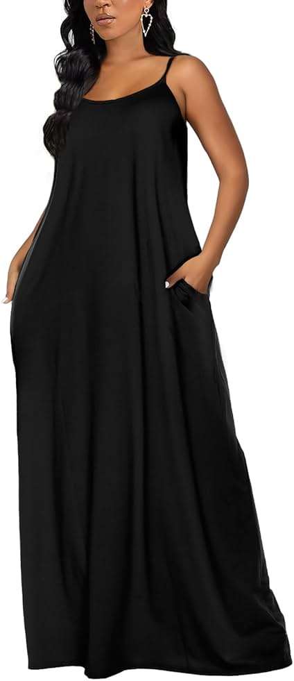 OFEEFAN Women's Maxi Dresses Summer Spaghetti Strap Dress with Pockets - Image 2