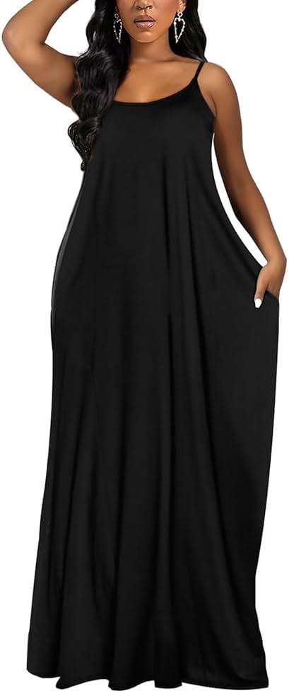 OFEEFAN Women's Maxi Dresses Summer Spaghetti Strap Dress with Pockets - Image 3
