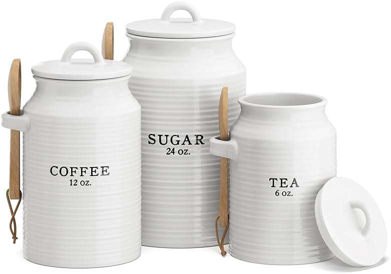 Barnyard Designs Canister Set for Kitchen Counter, Coffee Tea Sugar Container Ceramic Set, Decorative Canisters, Rustic Farmhouse Canister Jars, White (Coffee/Sugar/Tea) - Image 1