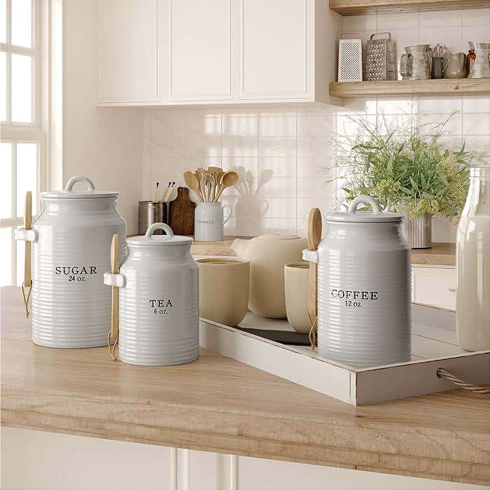 Barnyard Designs Canister Set for Kitchen Counter, Coffee Tea Sugar Container Ceramic Set, Decorative Canisters, Rustic Farmhouse Canister Jars, White (Coffee/Sugar/Tea) - Image 2