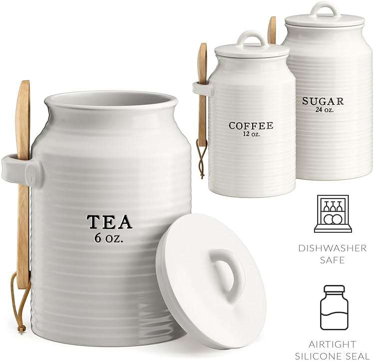 Barnyard Designs Canister Set for Kitchen Counter, Coffee Tea Sugar Container Ceramic Set, Decorative Canisters, Rustic Farmhouse Canister Jars, White (Coffee/Sugar/Tea) - Image 4