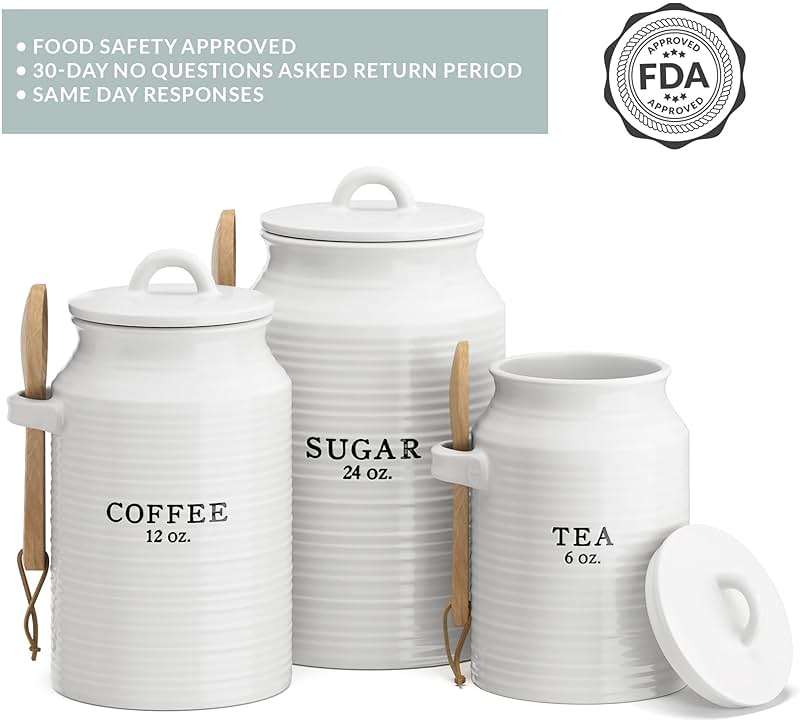 Barnyard Designs Canister Set for Kitchen Counter, Coffee Tea Sugar Container Ceramic Set, Decorative Canisters, Rustic Farmhouse Canister Jars, White (Coffee/Sugar/Tea) - Image 5