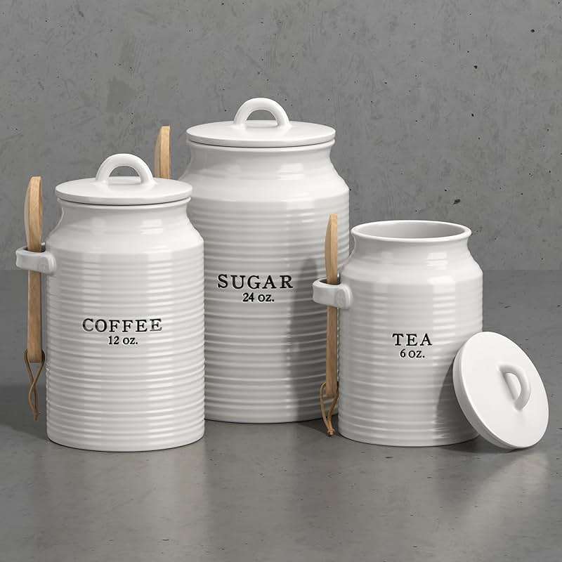 Barnyard Designs Canister Set for Kitchen Counter, Coffee Tea Sugar Container Ceramic Set, Decorative Canisters, Rustic Farmhouse Canister Jars, White (Coffee/Sugar/Tea) - Image 7