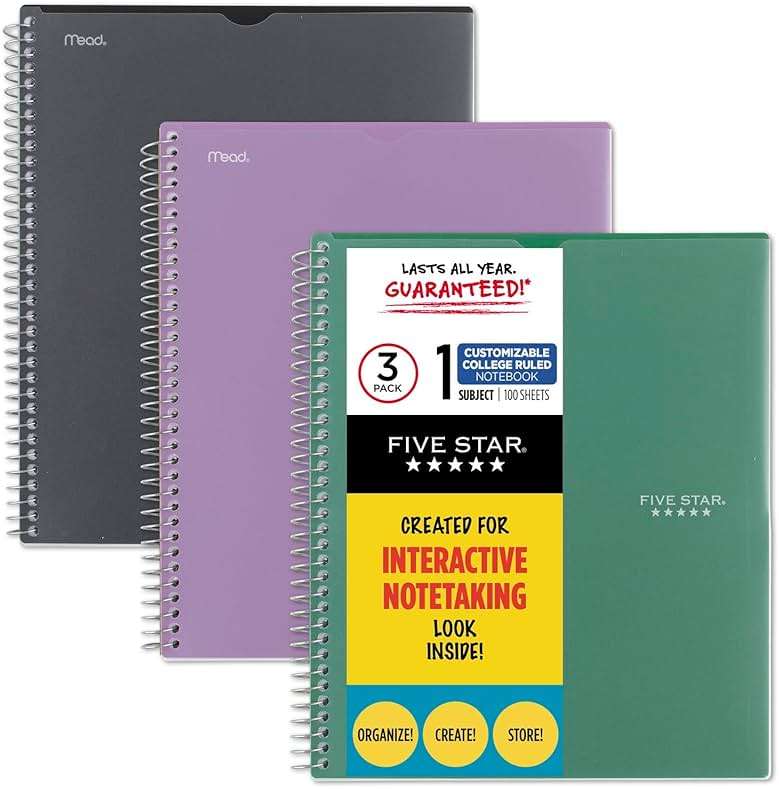 Five Star Interactive Notetaking Spiral Notebooks, 3 Pack, 1 Subject, College Ruled Paper, 11" x 8-1/2", 100 Sheets, Customizable Cover, Black, Green, Purple (820041-ECM) - Image 1