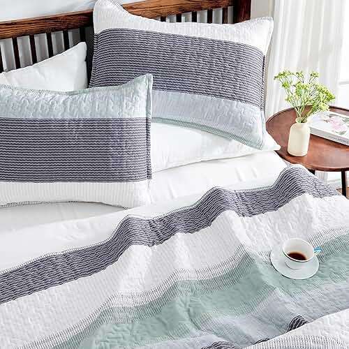 Andency Queen Quilt Bedding Set Sage Green, 3 Pieces Patchwork Mint Green Striped Ultra Soft Lightweight Bedspreads, Coverlets Set with 2 Pillow Shams for All Seasons (90"x96") - Image 3