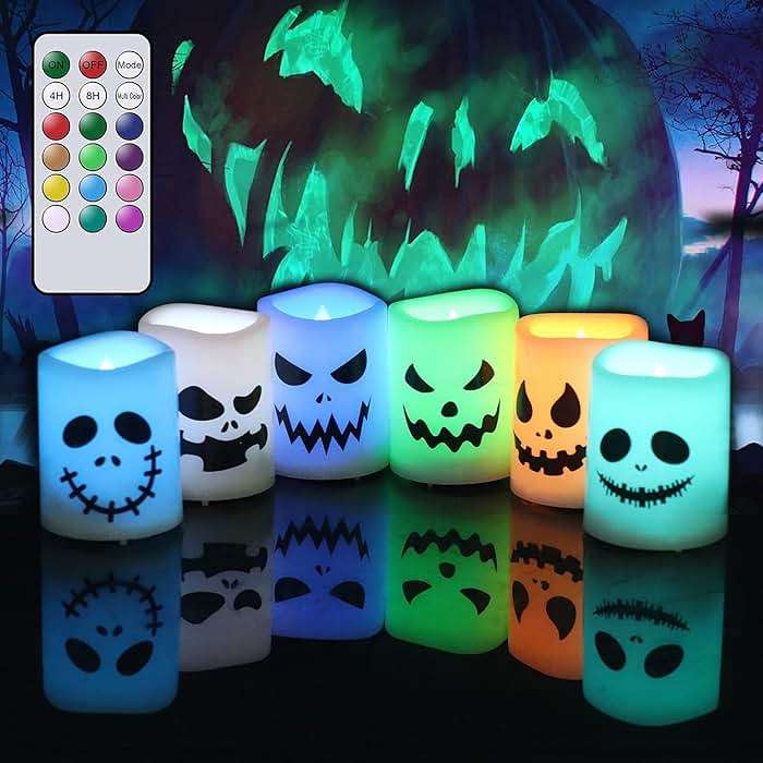 GenSwin Halloween Flameless Votive Candles Color Changing with Remote Timer, Battery Operated LED Tealight Candles for Halloween Home Decoration Gifts(6 Pack, 1.5” x 2”)(Battery Included) - Image 1