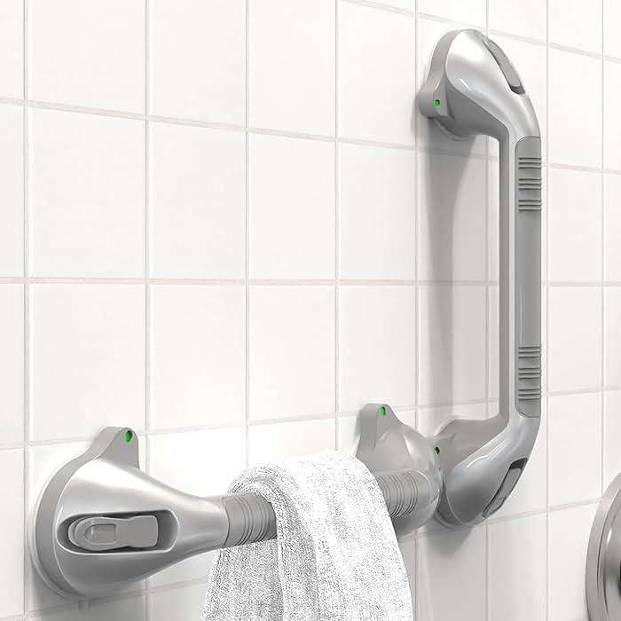 AquaChase 17“ Suction Shower Grab Bar with Indicators, Tool-Free Installation, Steady Handle for Balance Assist for Bathtub, Toilet, Bathroom, Dual Tone, Silver/Gray 2-Pack - Image 1