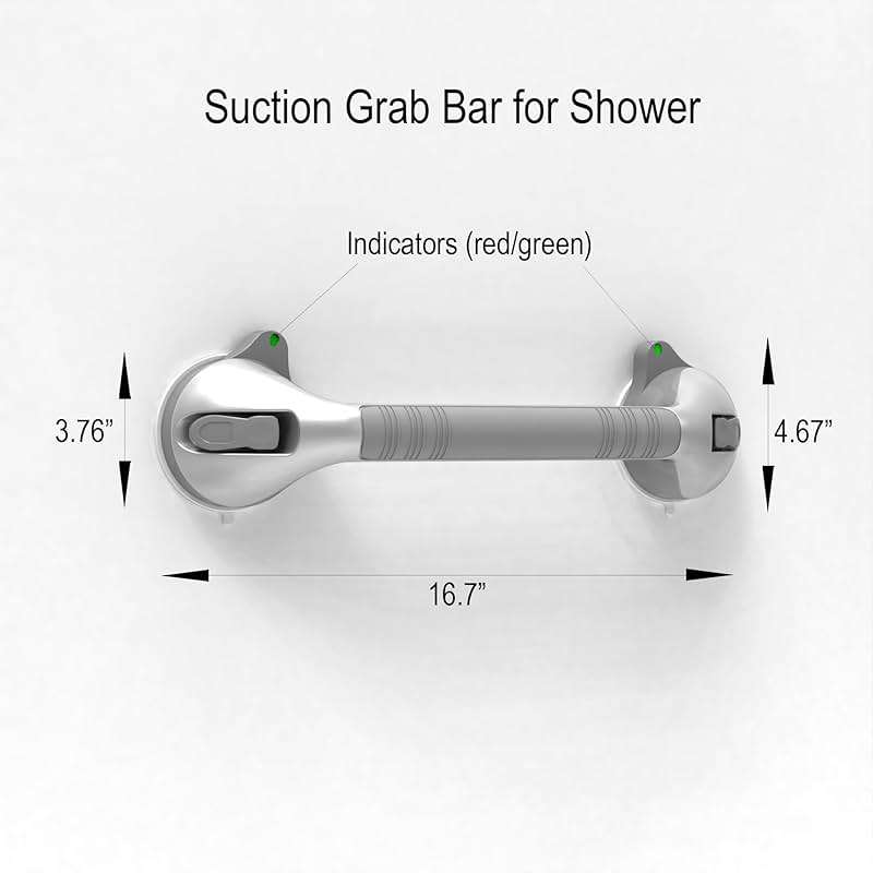 AquaChase 17“ Suction Shower Grab Bar with Indicators, Tool-Free Installation, Steady Handle for Balance Assist for Bathtub, Toilet, Bathroom, Dual Tone, Silver/Gray 2-Pack - Image 2