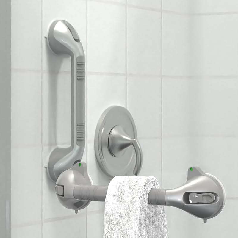 AquaChase 17“ Suction Shower Grab Bar with Indicators, Tool-Free Installation, Steady Handle for Balance Assist for Bathtub, Toilet, Bathroom, Dual Tone, Silver/Gray 2-Pack - Image 4