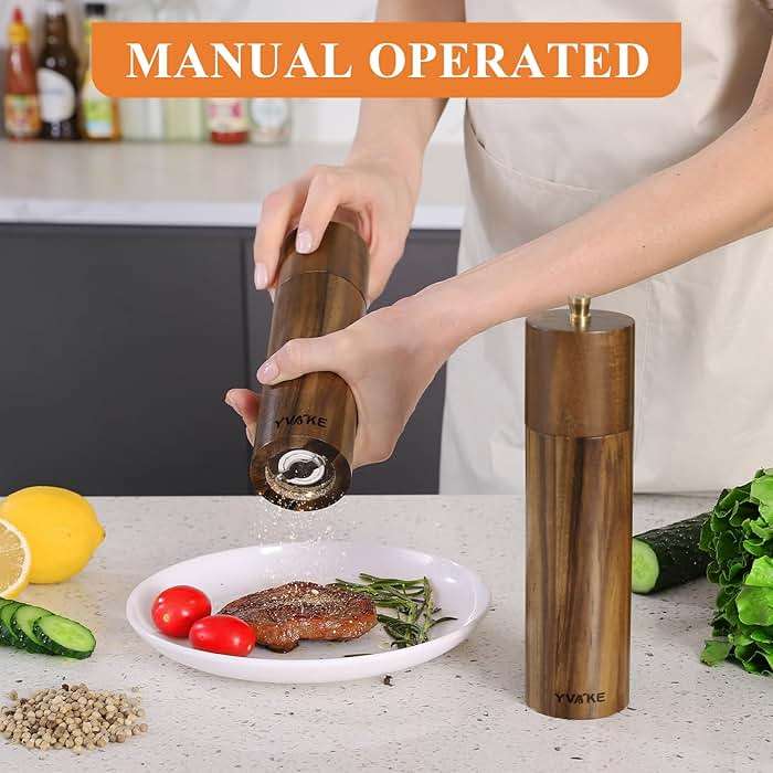 Yvake Wooden Salt and Pepper Grinder Set,8 Inch Manual Salt and Pepper Mill, Adjustable Coarseness and Refillable,Acacia Wood Pepper Grinder for your kitchen[Set of 2] - Image 2