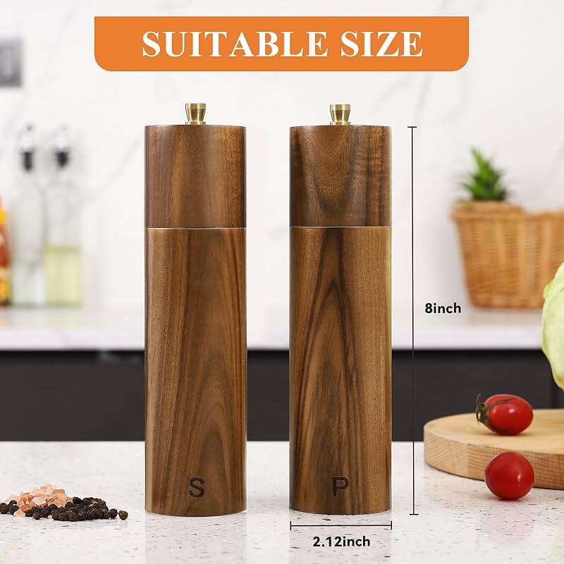 Yvake Wooden Salt and Pepper Grinder Set,8 Inch Manual Salt and Pepper Mill, Adjustable Coarseness and Refillable,Acacia Wood Pepper Grinder for your kitchen[Set of 2] - Image 3