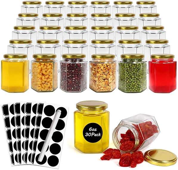 Betrome 30 Pack 6oz Hexagon Glass Jars with Gold Lids, 180ml Clear Glass Canning Jars Honey Jars Spice Jars Mason Jars for Jams, Shower Favors, Wedding Favors, Craft, 1 Pen and Labels Included - Image 1