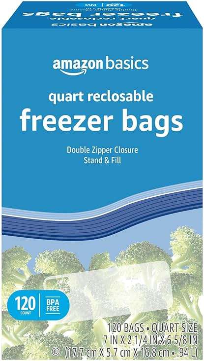 Amazon Basics Reclosable Freezer Quart Food Storage Bags with Zipper Seal, BPA Free, Stand and Fill, Airtight, 120 Count (Previously Solimo) - Image 1
