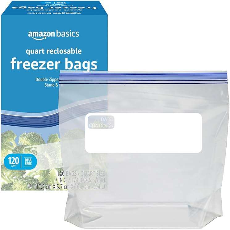 Amazon Basics Reclosable Freezer Quart Food Storage Bags with Zipper Seal, BPA Free, Stand and Fill, Airtight, 120 Count (Previously Solimo) - Image 3