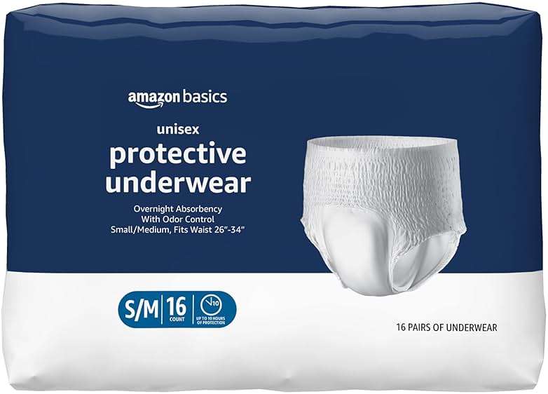Amazon Basics Unisex Protective Underwear, Overnight Absorbency, Small/Medium, 16 Count - Image 1