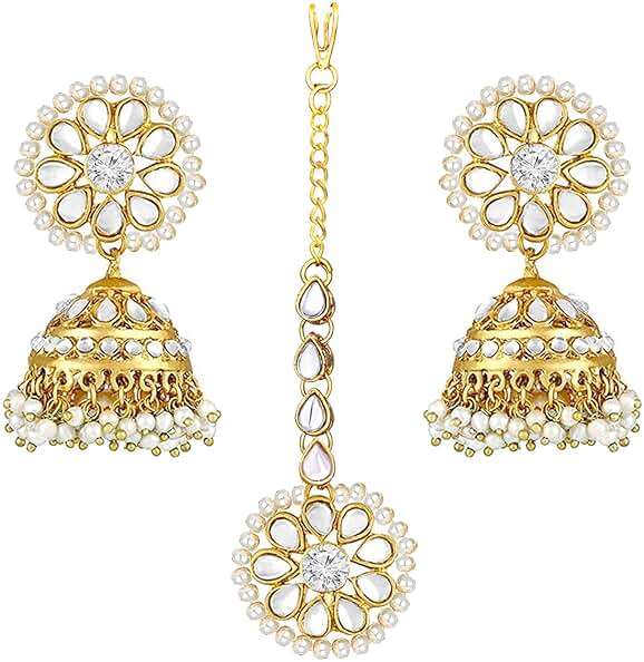 Aheli Kundan Pearl Jhumki Earrings with Maang Tikka Indian Traditional Bollywood Fashion Jewelry Set Gift for Women - Image 1