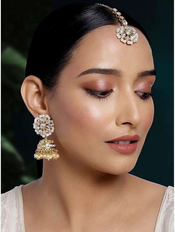 Aheli Kundan Pearl Jhumki Earrings with Maang Tikka Indian Traditional Bollywood Fashion Jewelry Set Gift for Women - Image 2