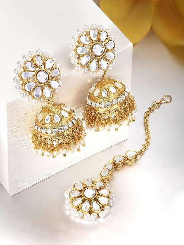 Aheli Kundan Pearl Jhumki Earrings with Maang Tikka Indian Traditional Bollywood Fashion Jewelry Set Gift for Women - Image 3