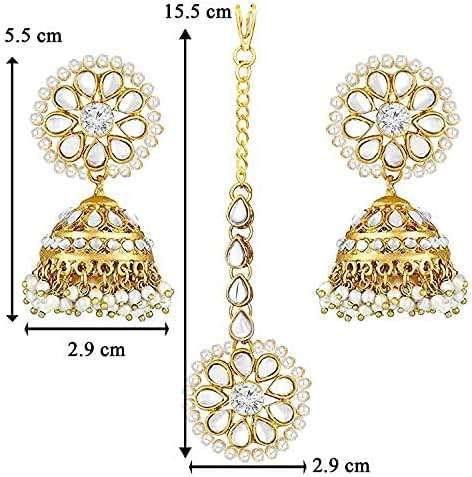 Aheli Kundan Pearl Jhumki Earrings with Maang Tikka Indian Traditional Bollywood Fashion Jewelry Set Gift for Women - Image 4