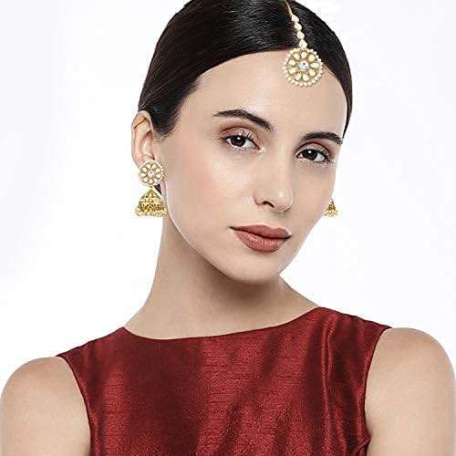 Aheli Kundan Pearl Jhumki Earrings with Maang Tikka Indian Traditional Bollywood Fashion Jewelry Set Gift for Women - Image 5